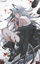 Rule 34 | 1girl, 1other, animal ears, arknights, bad id, bad pixiv id, black footwear, black jacket, black shorts, blood, blood on ground, blood on leg, blood on snow, boots, character name, closed eyes, fetal position, full body, grey hair, hair ornament, hair spread out, hairclip, highres, jacket, lappland (arknights), lococo:p, long hair, lying, material growth, messy hair, off shoulder, on ground, on side, oripathy lesion (arknights), outdoors, profile, sarashi, scar, scar across eye, scar on face, shorts, snow, solo focus, tail, very long hair, wolf ears, wolf tail