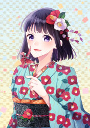 Rule 34 | 1girl, black sash, blue eyes, blue kimono, camellia print, checkered background, floral print, flower, flower request, gradient background, hair flower, hair ornament, holding, japanese clothes, kimono, leaf, blue background, light blue kimono, looking at viewer, natsumikan27, obi, obijime, object request, open mouth, original, pinwheel, print sash, red flower, rose print, sash, short hair, smile, solo, upper body, white flower, wide sleeves
