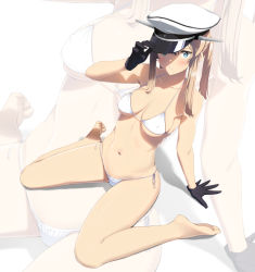 Rule 34 | 10s, 1girl, adjusting clothes, adjusting headwear, arm support, barefoot, bikini, black gloves, blonde hair, blue eyes, blush, breasts, collarbone, eight tohyama, feet, gloves, graf zeppelin (kancolle), hair between eyes, hat, kantai collection, long hair, looking at viewer, military hat, navel, parted lips, peaked cap, side-tie bikini bottom, sidelocks, sitting, soles, solo, stomach, swimsuit, toe scrunch, toes, twintails, wariza, white bikini, zoom layer