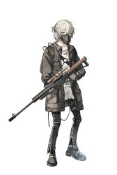 Rule 34 | 1other, ambiguous gender, black footwear, black jacket, chest tattoo, collarbone, curse: two worlds one destiny, fantasy, grey hair, gun, hair between eyes, highres, holding, holding gun, holding weapon, jacket, lococo:p, mask, mechanical arms, mechanical hands, mouth mask, open clothes, open jacket, purple eyes, rifle, short hair, simple background, sniper rifle, solo, standing, tattoo, thigh strap, torn, torn clothes, weapon, white background