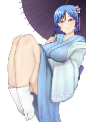 Rule 34 | 1girl, alternate costume, ass, bare legs, blue eyes, blue hair, blush, closed mouth, curvy, flower, full body, hair flower, hair ornament, half-closed eyes, heterochromia, highres, hip focus, holding, holding umbrella, japanese clothes, kimono, knees up, legs, long sleeves, looking at viewer, nicutoka, aged up, red eyes, short hair, simple background, smile, socks, solo, tatara kogasa, thick thighs, thighs, touhou, umbrella, white background, white socks, wide hips
