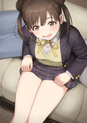 Rule 34 | 1girl, bare legs, blazer, blush, brown hair, couch, cushion, double bun, feet out of frame, floor, from above, hair bun, highres, idolmaster, idolmaster shiny colors, indoors, jacket, legs together, looking at viewer, neck ribbon, on couch, pillow, plaid, plaid skirt, pleated skirt, ribbon, school uniform, sitting, skirt, solo, sonoda chiyoko, tsurui, twintails, vest
