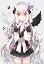Rule 34 | 1girl, :&gt;, absurdres, asymmetrical wings, black skirt, black wings, blush, bow, commentary, demon horns, flat chest, hair ornament, heart, highres, horns, jacket, long hair, long sleeves, looking at viewer, mini wings, miniskirt, mismatched wings, multicolored clothes, multicolored jacket, original, pink bow, red eyes, rirua (kjom802), shirt, side ponytail, skirt, solo, two-tone jacket, very long hair, white hair, white shirt, white wings, wings
