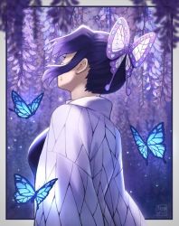 Rule 34 | 1girl, blue butterfly, breasts, bug, butterfly, butterfly hair ornament, commentary request, from behind, hair ornament, hair pulled back, haori, bug, japanese clothes, kimetsu no yaiba, kochou shinobu, purple butterfly, purple hair, short hair, solo, tears, yuko666
