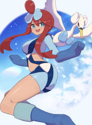 Rule 34 | 1girl, :d, absurdres, blue eyes, blue footwear, blue gloves, blue jacket, blue shorts, boots, breasts, clenched hands, cloud, creatures (company), cropped jacket, floating, game freak, gen 5 pokemon, gloves, hair ornament, highres, jacket, large breasts, looking at another, medium breasts, midriff, nintendo, nuneno, one side up, open mouth, pilot, pokemon, pokemon (creature), pokemon bw, pouch, red hair, short hair with long locks, short shorts, shorts, sidelocks, sky, skyla (pokemon), smile, swanna, teeth, thigh pouch, tongue, turtleneck