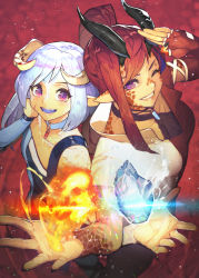 Rule 34 | 2girls, choker, elbow gloves, fangs, fingerless gloves, from above, gloves, hide (hideout), highres, horns, jewelry, long hair, looking at viewer, multiple girls, one eye closed, open mouth, original, pendant, pointy ears, ponytail, purple eyes, red hair, silver hair, single elbow glove, smile