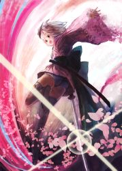 Rule 34 | 1girl, alternate costume, cherry blossoms, full body, katana, konpaku youmu, long sleeves, looking at viewer, looking back, mirino, open mouth, petals, shirt, short hair, silver hair, smile, solo, sparkle, sword, thighhighs, touhou, weapon, wide sleeves, zettai ryouiki