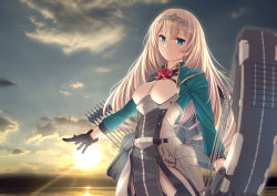 Rule 34 | 1girl, absurdres, arrow (projectile), black gloves, blonde hair, blue eyes, bow (weapon), breasts, cloud, commentary request, compound bow, flower, gloves, hair between eyes, highres, holding, holding weapon, kantai collection, long hair, medium breasts, ocean, outdoors, parted lips, quiver, red flower, red rose, rigging, rose, ryu-akt, sky, solo, sunrise, tiara, victorious (kancolle), water, weapon