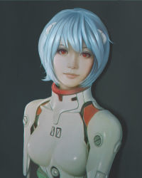 Rule 34 | 1girl, ayanami rei, black background, blue hair, bodysuit, breasts, hair ornament, highres, interface headset, jey rain, lips, looking at viewer, neon genesis evangelion, pilot suit, plugsuit, realistic, red eyes, shadow, short hair, simple background, small breasts, solo, turtleneck, upper body