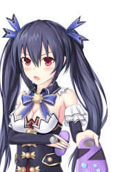 Rule 34 | 10s, 1girl, bare shoulders, black hair, breasts, cleavage, controller, game controller, hair ornament, highres, long hair, looking at viewer, muwa12, neptune (series), noire (neptunia), open mouth, red eyes, ribbon, solo, twintails, very long hair
