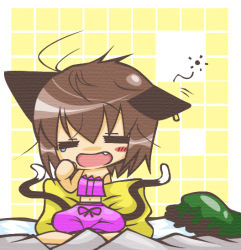 Rule 34 | 1girl, animal ears, bed, brown hair, cat ears, cat girl, cat tail, chen, chibi, earrings, closed eyes, fang, female focus, hat, jewelry, messy hair, multiple tails, nagamo sakana, navel, pillow, sleepy, solo, tail, touhou, underwear, yawning
