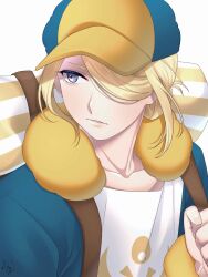 Rule 34 | 1boy, blonde hair, clenched hand, collarbone, commentary request, creatures (company), game freak, grey eyes, hair over one eye, hana e (ka e0128), hand up, hat, highres, jumpsuit, looking to the side, male focus, nintendo, parted lips, pokemon, pokemon legends: arceus, signature, simple background, solo, strap, upper body, volo (pokemon), white background, yellow hat