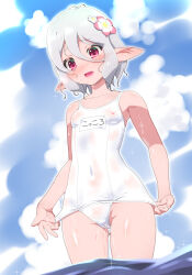 Rule 34 | 1girl, adjusting clothes, adjusting swimsuit, antenna hair, blue sky, blush, breasts, cameltoe, cloud, cloudy sky, commentary, covered erect nipples, covered navel, cowboy shot, crotch seam, day, elf, flower, frown, grey hair, hair flower, hair ornament, kohsaka jun, kokkoro (princess connect!), looking at viewer, name tag, old school swimsuit, one-piece swimsuit, open mouth, outdoors, pink flower, pointy ears, princess connect!, purple eyes, school swimsuit, see-through, short hair, sky, small breasts, solo, sparkle, standing, swimsuit, wading, water, wet, white one-piece swimsuit