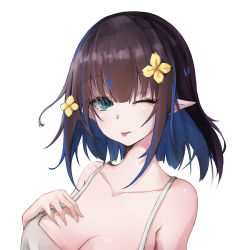Rule 34 | 1girl, arknights, blue eyes, blue hair, breasts, brown hair, cleavage, collarbone, colored inner hair, eunectes (arknights), eunectes (forgemaster) (arknights), flower, hair flower, hair ornament, hand on own chest, highres, large breasts, looking at viewer, multicolored hair, official alternate costume, one eye closed, pengsakura, pointy ears, portrait, simple background, solo, streaked hair, tongue, tongue out, white background, yellow flower