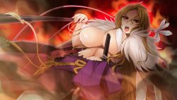 Rule 34 | 1girl, angry, blonde hair, bracelet, breasts, fire, fur trim, game cg, huge breasts, jewelry, long hair, looking down, nail polish, navel, open mouth, pink eyes, sengoku koihime: otome kenran sengoku emaki, simple background, slingshot swimsuit, solo, standing, swimsuit, weapon