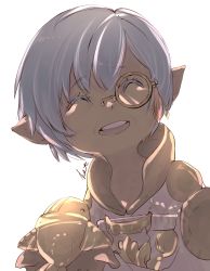 Rule 34 | 1girl, ^ ^, artist name, backlighting, bob cut, closed eyes, colored eyelashes, female focus, final fantasy, final fantasy xiv, flat chest, gold, grey hair, haisen, hands up, happy, highres, holding, lalafell, monocle, old, old woman, open mouth, own hands together, pointy ears, rurusha (ff14), shirt, short hair, sidelocks, signature, simple background, sketch, smile, solo, tassel, teeth, upper body, white background, white shirt, yellow-framed eyewear