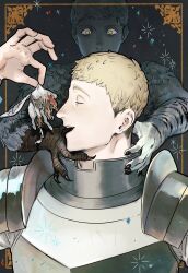 Rule 34 | 0shlkatsu, 2boys, animal hands, arm up, armor, black background, blonde hair, border, brown border, chimera, claws, closed eyes, commentary request, dual persona, dungeon meshi, facing to the side, feathers, glowing, glowing eyes, hand on another&#039;s neck, hands up, highres, holding, laios&#039; ideal chimera, laios touden, laios touden (chimera), long hair, looking at another, looking at viewer, male focus, monster boy, multiple boys, open mouth, ornate border, pauldrons, shoulder armor, slit pupils, sparkle, undercut, upper body, very long hair, yellow eyes