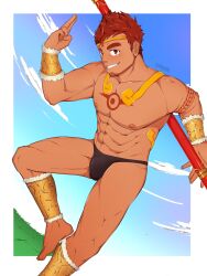 Rule 34 | 1boy, abs, anklet, arm tattoo, artist name, bara, barefoot, biceps, black male swimwear, black swim briefs, blue sky, bracelet, chest tattoo, cloud, cloudy sky, ear piercing, earrings, facial hair, grass, gyee, highres, jewelry, kong (gyee), large pectorals, looking at viewer, male focus, male swimwear, manly, mature male, muscular, muscular male, nipples, no pants, no shirt, outdoors, pectorals, phu296, piercing, red eyes, red hair, sky, smirk, solo, spiked hair, staff, swim briefs, swimsuit, tattoo, thick arms, thick eyebrows, thick thighs, thighs, twitter username