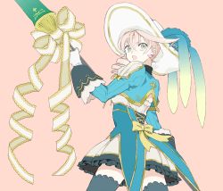 Rule 34 | 10s, 1girl, alisha diphda, aqua eyes, breasts, brown hair, earrings, frills, gloves, hat, jacket, jewelry, long hair, open mouth, pink background, polearm, princess, ribbon, simple background, skirt, spear, tales of (series), tales of zestiria, thighhighs, weapon
