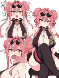 Rule 34 | 1boy, 1girl, arm support, arms behind back, azur lane, bare shoulders, black thighhighs, bra, bra peek, braid, braided bun, breasts, bremerton (azur lane), bremerton (kung fu cruiser) (azur lane), censored, china dress, chinese clothes, cleavage, crossed legs, double bun, dress, erection, eyewear on head, hair between eyes, hair bun, hair intakes, kumasteam, large breasts, mole, mole on breast, mole under eye, mosaic censoring, multicolored hair, official alternate costume, open mouth, out of frame, pelvic curtain, penis, pink eyes, sitting, strapless, strapless bra, streaked hair, thighhighs, twintails, underwear