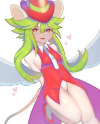Rule 34 | 1girl, animal ears, blush stickers, breasts, cameltoe, green hair, hat, heart, highres, leotard, logicman-san, mad rat dead, mouse (animal), mouse ears, mouse girl, mouse tail, nippon ichi, rat god, red eyes, sideboob, tail, tie clip, top hat, wings