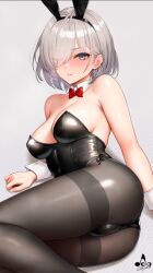 Rule 34 | 1girl, bare arms, bare shoulders, black hairband, black leotard, black pantyhose, blush, bow, bowtie, breasts, closed mouth, detached collar, eyes visible through hair, grey hair, hair ornament, hair over one eye, hairband, highres, infinote, large breasts, leotard, looking at viewer, one eye closed, original, pantyhose, playboy bunny, red bow, red bowtie, sashou mihiro (infinote), short hair, solo, thighband pantyhose, thighs, wrist cuffs