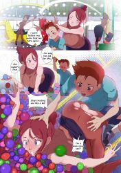 Rule 34 | 1boy, 1girl, absurdres, age difference, ass, ass grab, ball, ball pit, bent over, breasts, brown hair, carousel, chromodomo, comic, english text, hair between eyes, hair bun, hand on another&#039;s head, hat, held down, highres, holding, holding ball, incest, large breasts, leaning forward, mature female, mother and son, motion lines, original, panels, pantyhose, parted lips, party hat, purple eyes, restrained, sidelocks, sleeveless, smile, speech bubble, teeth, thighs, thought bubble, top-down bottom-up, torn clothes, torn pantyhose, turtleneck