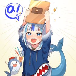 Rule 34 | !, 1girl, a (phrase), animal costume, animal hood, arms up, bloop (gawr gura), blue eyes, blue hair, blue hoodie, blunt bangs, commentary request, congratulations, fins, fish tail, gawr gura, gawr gura (1st costume), gradient background, hair ornament, highres, holding, hololive, hololive english, hood, hoodie, kura noi, multicolored hair, shark costume, shark girl, shark hair ornament, shark hood, shark tail, silver hair, solo, speech bubble, tail, virtual youtuber, yellow background, youtube, youtube creator award, youtube logo