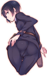Rule 34 | 1girl, androgynous, ass, black hair, black pants, blue eyes, blush, breasts, cameltoe, em (totsuzen no hakike), gun, kino (kino no tabi), kino no tabi, looking at viewer, looking back, open mouth, pants, pantylines, shiny clothes, short hair, simple background, small breasts, solo, tomboy, weapon, white background