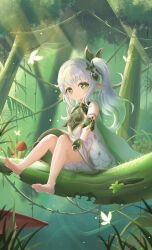 Rule 34 | 1girl, absurdres, ass, bare legs, barefoot, bloomers, blurry, bracelet, cape, commentary request, crystalfly (genshin impact), depth of field, detached sleeves, dress, feet, forest, genshin impact, gradient hair, green cape, green eyes, hair between eyes, hair ornament, highres, jewelry, knees up, leaf hair ornament, legs, long hair, looking at viewer, multicolored hair, nahida (genshin impact), nature, outdoors, pointy ears, short dress, short sleeves, side ponytail, sidelocks, sitting on branch, smile, soles, solo, symbol-shaped pupils, toes, two-tone hair, underwear, unishaho, white bloomers, white dress, white hair