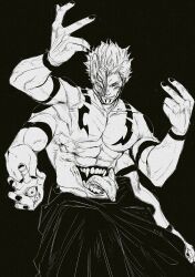 Rule 34 | 1boy, absurdres, arm tattoo, black background, black nails, black pants, chest tattoo, demon, extra arms, extra eyes, extra mouth, facial tattoo, fangs, fighting stance, highres, jujutsu kaisen, looking at viewer, male focus, monochrome, muscular, muscular male, open mouth, pants, pedro renji, ryoumen sukuna (jujutsu kaisen), ryoumen sukuna (true form) (jujutsu kaisen), short hair, smirk, stomach mouth, tattoo, teeth, tongue, tongue out, topless male