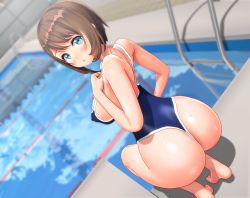 Rule 34 | 1girl, 3d, ass, blue eyes, blush, breasts, brown hair, competition swimsuit, large breasts, looking at viewer, looking back, minamo rm, one-piece swimsuit, original, pool, short hair, solo, squatting, swimsuit, thighs