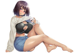 Rule 34 | 1girl, absurdres, arm support, barefoot, blush, breast press, breasts, brown hair, buttons, cleavage, cleavage cutout, closed mouth, clothing cutout, collarbone, controller, fingernails, full body, hand up, highres, holding, huge breasts, joystick, knees up, lifted by self, lips, long sleeves, looking at viewer, navel, original, purple eyes, raidon, shiny skin, short hair, shorts, simple background, sitting, sleeves past wrists, smile, solo, sports bra, stomach, sweater, thighs, toes, white background