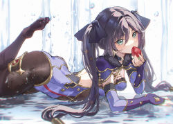 Rule 34 | 1girl, absurdres, ass, black ribbon, blush, breasts, brown pantyhose, capelet, covered mouth, detached sleeves, feet, food, foot out of frame, foot up, fruit, fur-trimmed capelet, fur trim, genshin impact, gold trim, green eyes, hair between eyes, hair ribbon, highres, holding, holding food, leotard, long hair, long sleeves, lying, mona (genshin impact), no headwear, no shoes, on stomach, pantyhose, pendant choker, ponytail holder, purple capelet, purple leotard, ribbon, shallow water, sidelocks, sleeves past wrists, small breasts, solo, sparkle print, strawberry, swept bangs, thighlet, thighs, twintails, twitter username, water, water drop, waterfall, wet, wet clothes, yukiri (l ii)