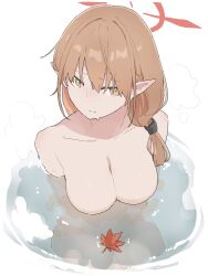 Rule 34 | 1girl, blue archive, breasts, brown hair, chinatsu (blue archive), cleavage, collarbone, completely nude, convenient censoring, hair over shoulder, halo, highres, large breasts, leaf, looking at viewer, makkurourufu, maple leaf, nude, onsen, partially submerged, pointy ears, reflection, reflective water, side ponytail, solo, steam