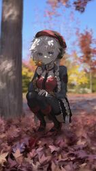 Rule 34 | 1girl, absurdres, autumn leaves, beret, black footwear, black gloves, black necktie, black thighhighs, blue eyes, blue jacket, boots, braid, breasts, cleavage cutout, clothing cutout, commentary request, ear protection, eyes visible through hair, fingerless gloves, girls&#039; frontline, gloves, goggles, goggles on head, hair ornament, hairclip, hand on own leg, hand up, hat, high heel boots, high heels, highres, iitenkidesune, jacket, large breasts, long hair, long sleeves, looking at viewer, necktie, ots-12 (girls&#039; frontline), outdoors, parted lips, pouch, red hat, see-through, solo, squatting, star (symbol), star hair ornament, star in eye, symbol in eye, thighhighs, tree, twin braids, very long hair, white hair