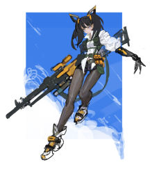 Rule 34 | 1girl, belt, black hair, black shorts, blue eyes, closed mouth, covered navel, eyelashes, grey pantyhose, gun, highres, holding, holding gun, holding weapon, huge weapon, long hair, mechanical arms, original, pantyhose, pouch, short shorts, shorts, single mechanical arm, sketch, sleeves rolled up, solo, twintails, weapon, white footwear, zero q 0q