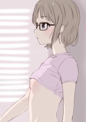 Rule 34 | 1girl, black-framed eyewear, window blinds, blue eyes, blush, breasts, brown hair, closed mouth, clothes lift, from side, glasses, hi iro, highres, indoors, no bra, original, pink shirt, shirt, shirt lift, short hair, short sleeves, small breasts, solo, underboob, upper body