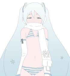 Rule 34 | 1girl, alternate costume, arms at sides, bikini, blue bikini, blue eyes, blue hair, covered mouth, cowboy shot, detached sleeves, doppelschwert, earmuffs, flat chest, gradient hair, hair ornament, half-closed eyes, hatsune miku, highres, long hair, looking at viewer, multicolored hair, navel, print scarf, scarf, scarf over mouth, simple background, snowflake print, solo, stomach, straight-on, striped bikini, striped clothes, swimsuit, twintails, very long hair, vocaloid, white background, white scarf, white sleeves, yuki miku, yuki miku (2011)
