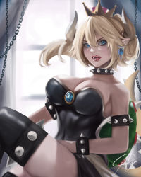 Rule 34 | 1girl, absurdres, armlet, bare shoulders, blonde hair, bowsette, bracelet, breasts, chain, cleavage, collar, fangs, highres, horns, jewelry, lipstick, makeup, mario (series), medium breasts, new super mario bros. u deluxe, nintendo, pointy ears, solo, spiked armlet, spiked bracelet, spiked collar, spiked shell, spikes, super crown, teeth, thighhighs