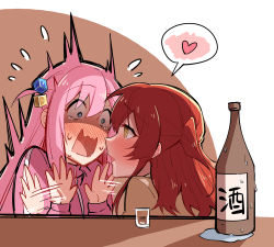 Rule 34 | 2girls, absurdres, alcohol, blue eyes, blush, bocchi the rock!, chubb, cube hair ornament, drunk, female focus, gotoh hitori, hair ornament, heart, highres, imminent kiss, kita ikuyo, long hair, looking at another, multiple girls, open mouth, pink hair, red hair, saliva, surprised, wavy mouth, yellow eyes, yuri