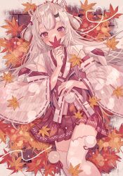 Rule 34 | 1girl, autumn leaves, blush, double bun, hair bun, highres, holding, holding leaf, hololive, horns, japanese clothes, kimono, leaf, long hair, looking at viewer, lying, maple leaf, multicolored hair, nakiri ayame, nakiri ayame (shrine maiden), on back, oni, red eyes, red hair, red skirt, ribbon trim, skin-covered horns, skirt, solo, streaked hair, thighhighs, virtual youtuber, white hair, white thighhighs, wide sleeves, yuzuriha (nx e78)