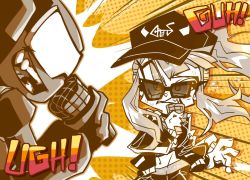 Rule 34 | 1boy, 1girl, armor, baseball cap, clenched teeth, friday night funkin&#039;, halftone, hat, hololive, hololive english, jacket, john captain, limited palette, long hair, microphone, monochrome, mori calliope, newgrounds, patterned background, rouge the great, sunglasses, tankman (newgrounds), tankmen, teeth, virtual youtuber, yellow background