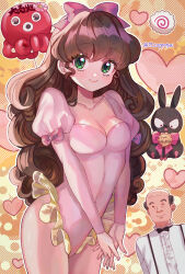 1boy 1girl bald balloon black_bow black_bowtie bow bowtie breasts cleavage copiki_017 covered_navel food green_eyes heart highres interlocked_fingers kamaboko leotard long_hair long_sleeeves narutomaki octopus old old_man own_hands_together p-chan pig pink_bow pink_leotard puffy_short_sleeves puffy_sleeves ranma_1/2 shiratori_azusa short_sleeves sidelocks small_breasts smile sweat twitter_username wavy_hair white_sihrt