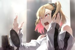 Rule 34 | 1girl, angry, ashizawa saki, blonde hair, colored inner hair, determined, headphones, highres, jhc kai, long sleeves, microphone, multicolored hair, music, one side up, open mouth, pink hair, pop filter, red eyes, riot music, short hair, singing, solo, studio microphone, v-shaped eyebrows, virtual youtuber