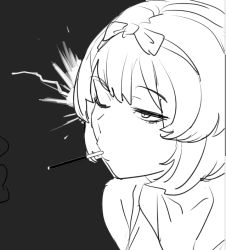 Rule 34 | 1girl, black background, bow, bow (bhp), food, greyscale, hair bow, monochrome, mouth hold, newtype flash, one eye closed, original, pocky, pocky day, short hair, solo focus