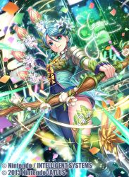 Rule 34 | 1girl, ahoge, armored boots, arrow (projectile), blue eyes, blue hair, boots, bow, bow (weapon), character name, covered navel, earrings, fingerless gloves, fire emblem, fire emblem cipher, flower, gloves, hair flower, hair ornament, jewelry, leaf, nintendo, official art, solo, sparkle, thighhighs, tokyo mirage sessions fe, weapon, yumizuru eleanora