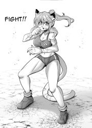 Rule 34 | 1girl, :3, absurdres, animal ears, arms up, breasts, cat ears, cat girl, cat tail, cleavage, curvy, fang, fighting stance, full body, furry, goya (lucyfer), greyscale, high ponytail, highres, large breasts, long hair, looking at viewer, lucyfer, monochrome, navel, open mouth, original, ponytail, shiny clothes, short shorts, shorts, simple background, smile, sportswear, tail, wide hips