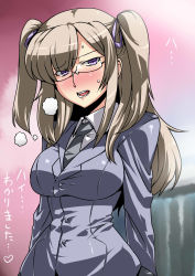 Rule 34 | 1girl, blazer, blush, breasts, breath, brown hair, female focus, fictional persona, food, formal, glasses, gradient background, hair bun, hair ornament, hair ribbon, heart, highres, impossible clothes, jacket, large breasts, long hair, necktie, open mouth, original, ribbon, rimless eyewear, school uniform, solo, sweets, teeth, tukiwani, twintails, uniform