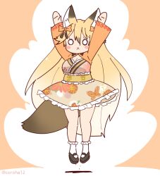 Rule 34 | 1girl, animal ears, arms up, blonde hair, coroha, dress, extra ears, ezo red fox (kemono friends), fox ears, fox girl, fox tail, full body, jumping, kemono friends, long hair, looking at viewer, orange background, ribbon, shoes, simple background, socks, solo, tail